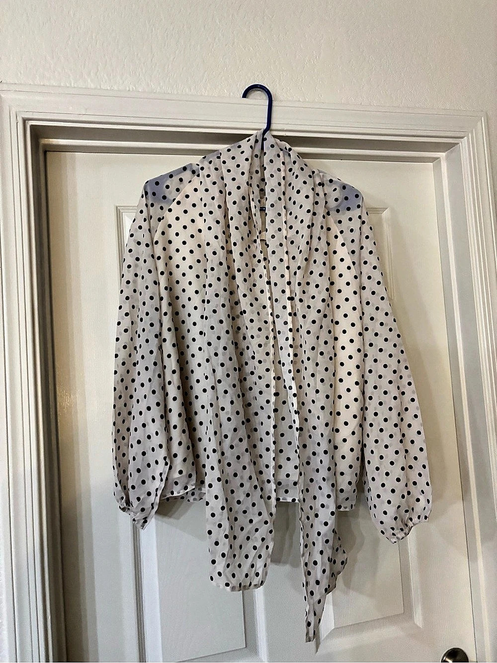 Polka Dot Tie Neck Blouse in White & Black Size Small